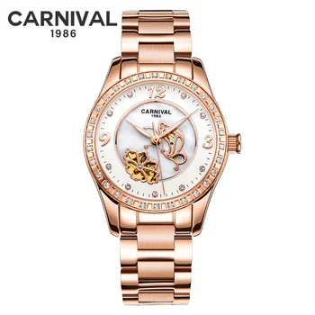 

Carnival Rose Gold Automatic Watch Women Diamond Mechanical Watches Butterfly Ladies Wristwatch Girl Clock montre femme 2018