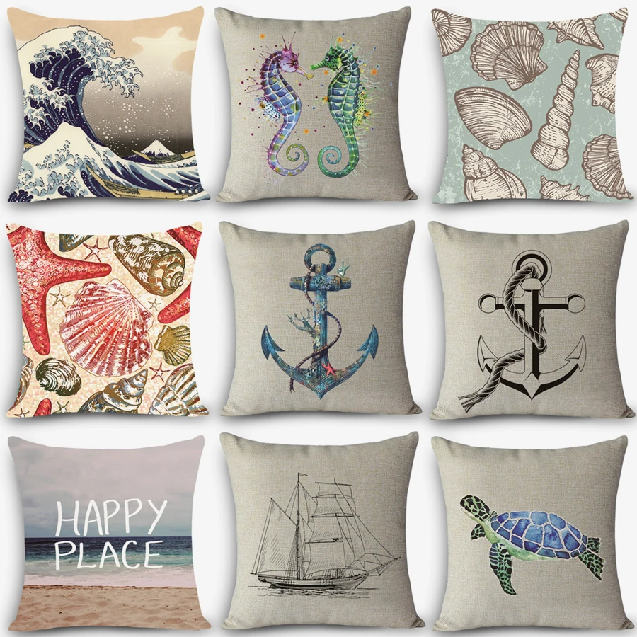 

New Arrival Sea sailing Patterns Home Decorative pillows bedding Throw Pillow 18" Vintage Cotton Linen Square Pillowcase MYJ-B3