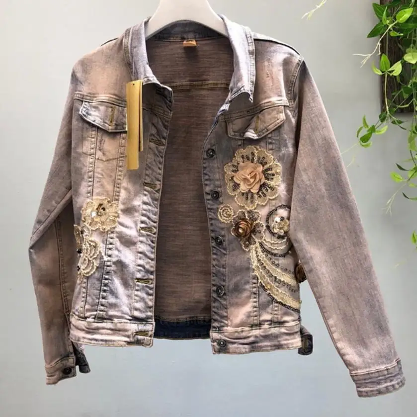 

2019 Spring Fashion heavy sequins jeans coat three-dimensional flower beaded elastic denim jacket women