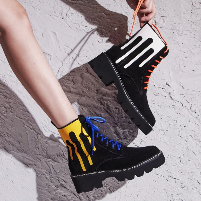 

Cow Suede Women Ankle Boots Colorful Shoes Lace Women Shoes Platform Short Booties Chic Zapatos Mujer Roman Stylish Women Shoes