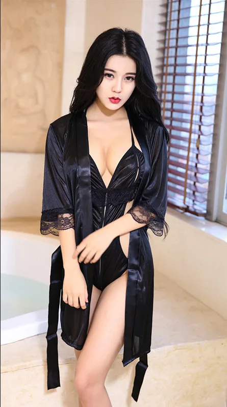 Новинка, сексуальное женское нижнее белье, сексуальное черное кружевное атласное кимоно+ ночная сорочка, белье, порно, ночное белье, халат, сексуальное вечернее платье, сексуальные костюмы - Цвет: Black