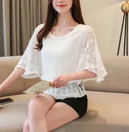 New Chiffon Blouse O-Neck 2019 Summer Full Cotton Edge Lace Blouses Shirt Butterfly Flower Half Sleeve Women Shirt Fashion