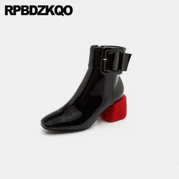 

Suede 9 Boots Brand High Heel Square Toe Ankle Fur Chunky Winter Genuine Leather Fall Patent Designer Shoes Women Luxury 2018