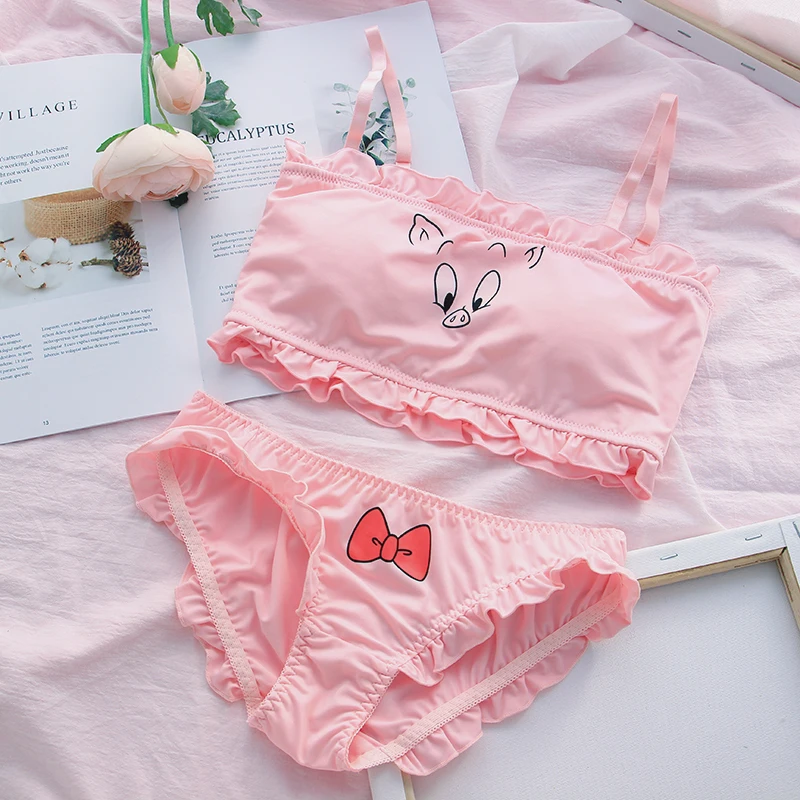 

Kawaii Pig Bow Cute Japanese Milk Silk Camisoles & Panties Set Wirefree Soft Underwear Sleep Intimates Set Lolita Color PInk