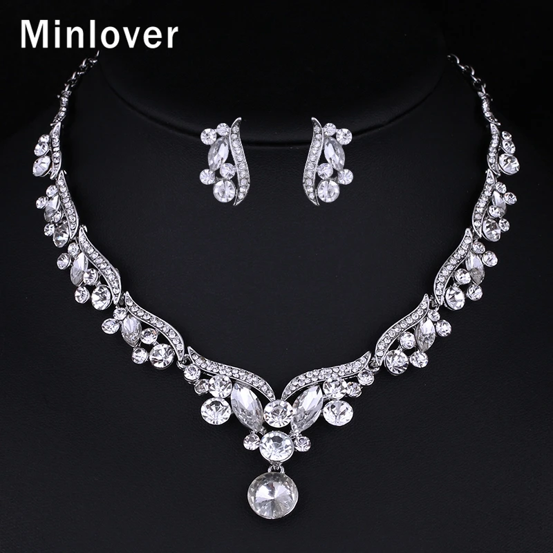 Minlover 2015 New Teardrop Czech Rhinestone Crystal Choker Necklace + Earrings Bridal Jewelry Sets African Jewelry Set TL201