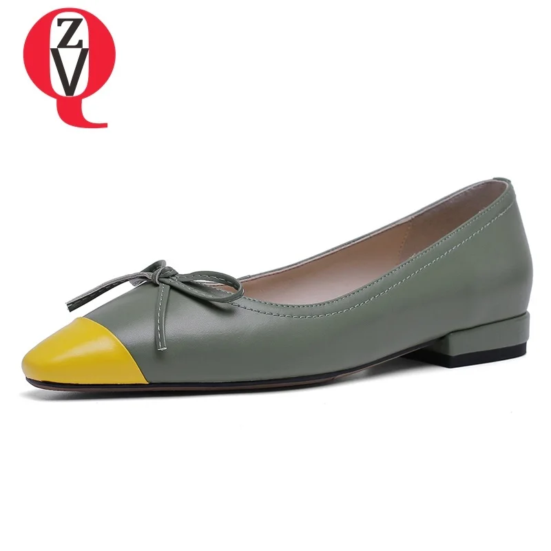 

ZVQ shoes women spring newest concise casual mixed colors square toe shallow women flats outside genuine leather ladies shoes