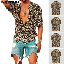 Print Shirt Blouse Short-Sleeve Button-Up Streetwear Loose INCERUN Leopard Sexy Men Summer