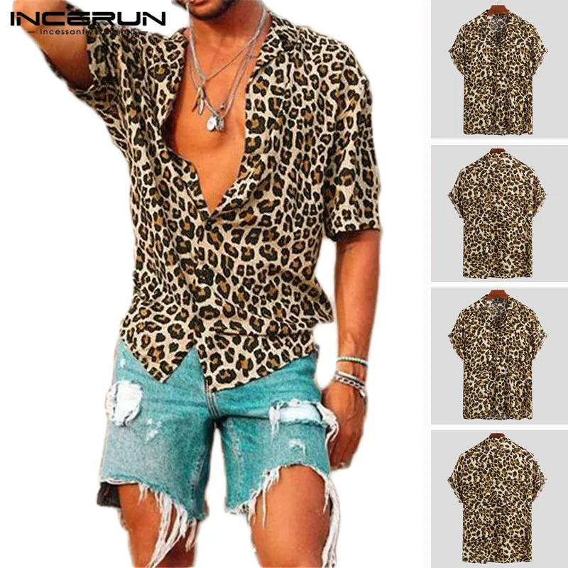 Najtaniej Lato z krótkim rękawem Leopard drukuj koszulka męska Lapel Neck luźne przycisk w górę bluzka oddychające Streetwear Sexy koszule męskie INCERUN 2019