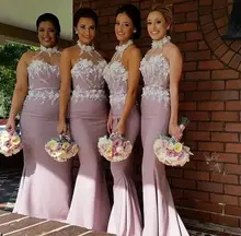 2016 Sexy Mermaid Bridesmaid Dresses Custom Made Plus Size Bridesmaid Gowns Halter Backless Zipper Back See Through Appliques