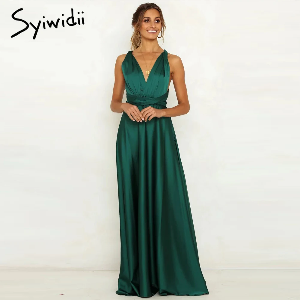 

Green party dress women maxi sexy dress wrap club dress Spaghetti Strap Empire Bow Sleeveless Solid A-Line V-Neck party dress