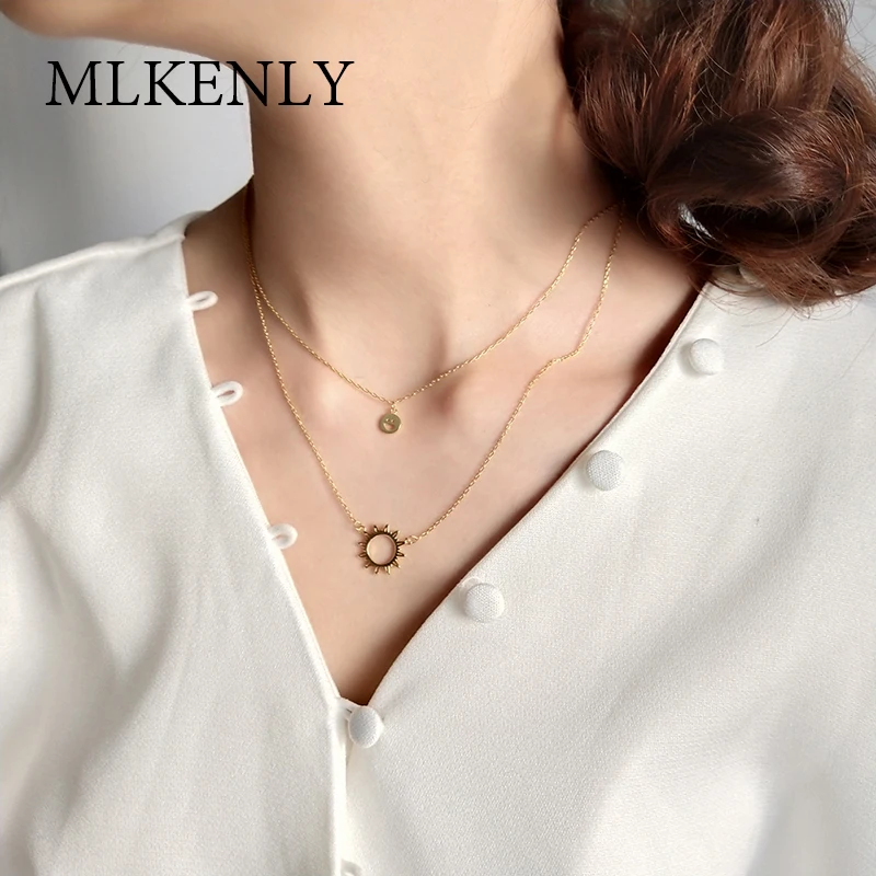 

MLKENLY 925 sterling silver Sun Smile Pendants Necklace for Women Double Layer Chocker Necklaces Collar Femme Collares Jewelry