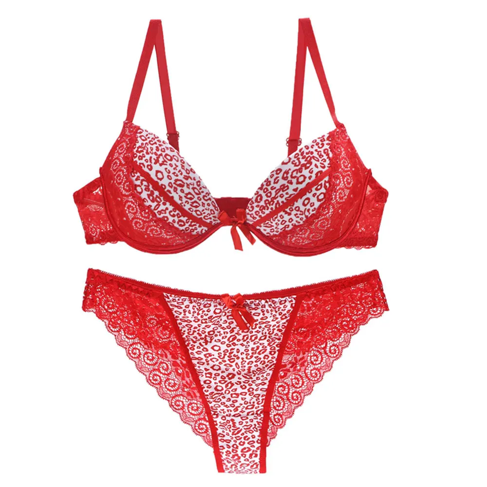 Women summer ultra thin underwear set Leopard sexy lace panty and bra push up adjustble lingerie