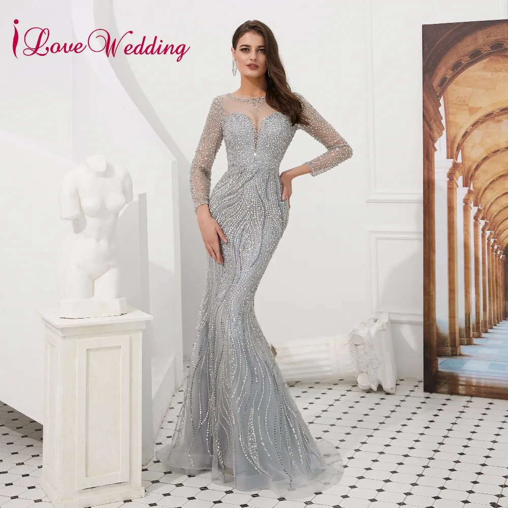 Роскошное торжественное платье ilovebridal серое длинное вечернее с глубоким круглым