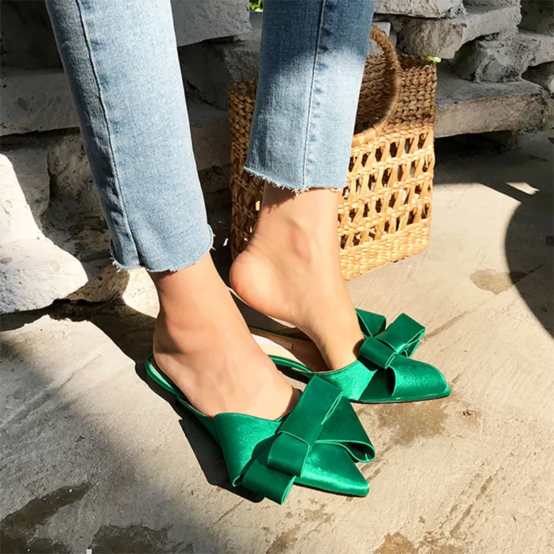 

2020 spring and summer women's shoes Korean silk satin Pointed bow tie slippers Baotou flat heel sets semi slippers