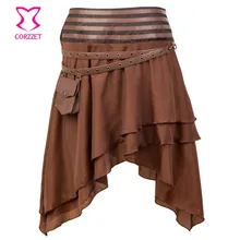 Стимпанк коричневый шелк и кожа карман Асимметричные оборки многослойная юбка в готическом стиле винтаж плюс размер