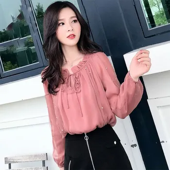 

Hot Sale 2019 Summer Women Fashion Beading Chiffon Blouses Elegant Red Flare O Neck Mesh Top Long Sleeve Shirts