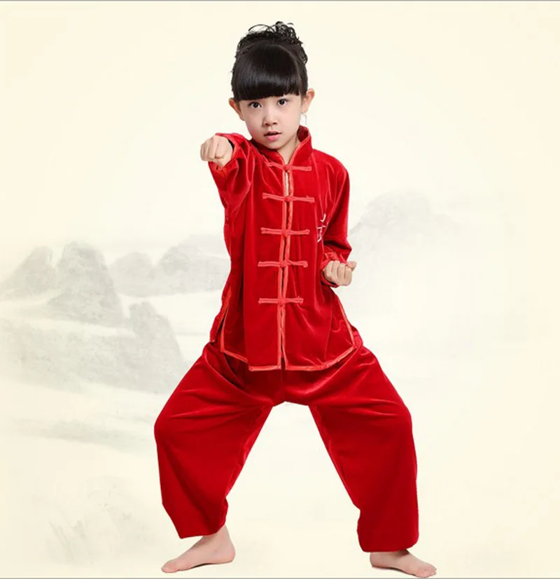 Children boy girl velvet thick Chinese traditional Wushu Costume Kimono clothing Kung Fu Suit Tai Chi Martial Art Uniform