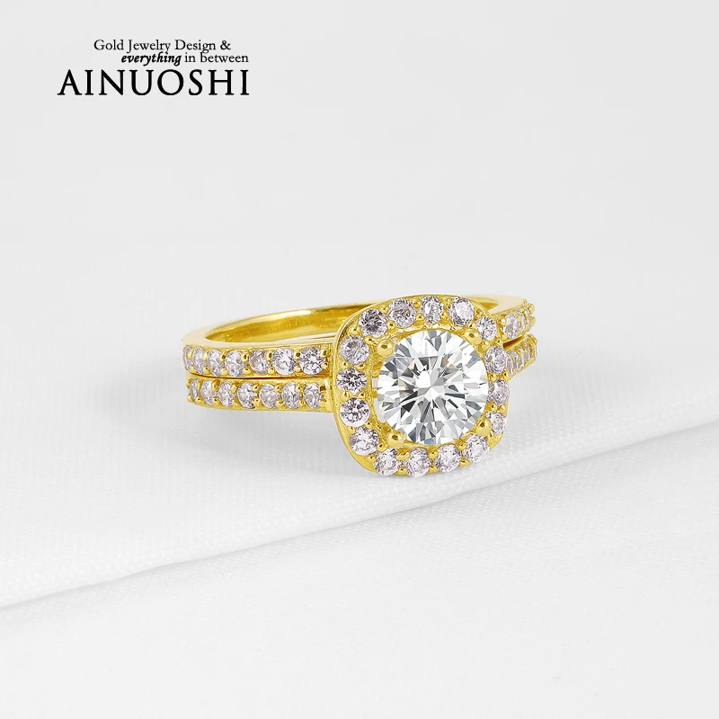1 Carat 10K Yellow Gold Wedding Proposal Bands Round Cut Sona Simulated Diamond Ring Sets for Women Engagement Anniversary Gift
