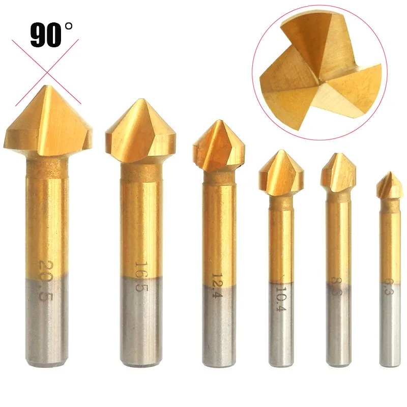 

6pcs 3 Flute 90 Degree HSS Chamfer Cutter Chamfering Drilling End Mill Drill Counter Sink Titanium Coated Countersink Drill Bit