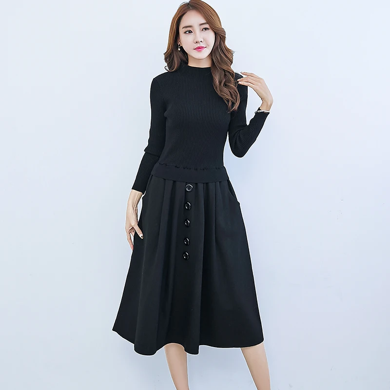 Autumn New Temperament Long Round Collar False Two Stitching Knit Dress