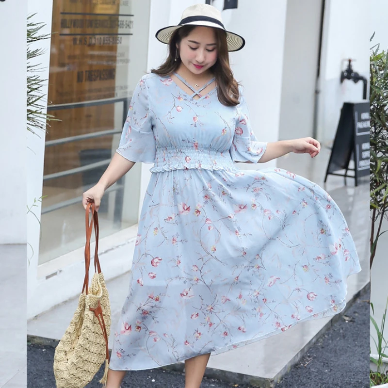

PL023 Half Sleeve Dress Ladies Beach Vintage Maxi Dress Casual V Neck Chiffon Women Summer Dress High Waist Plus Size Dress