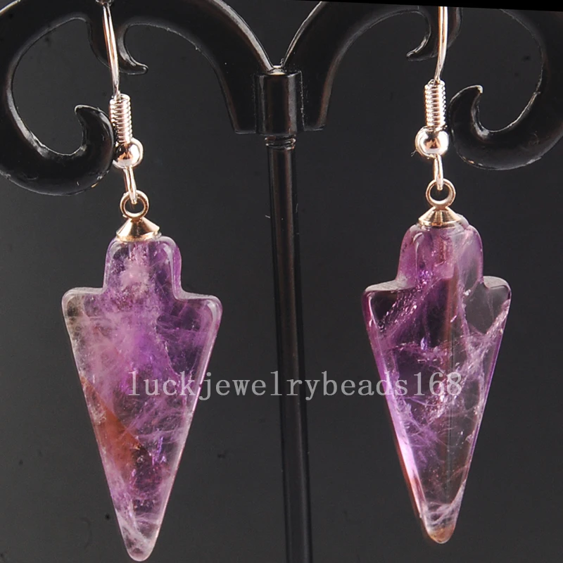 Free Shipping Women Fashion Jewelry 14x35mm Natural Purple Crystal Ensiform Bead Dangle Earrings Pair C4170 | Украшения и