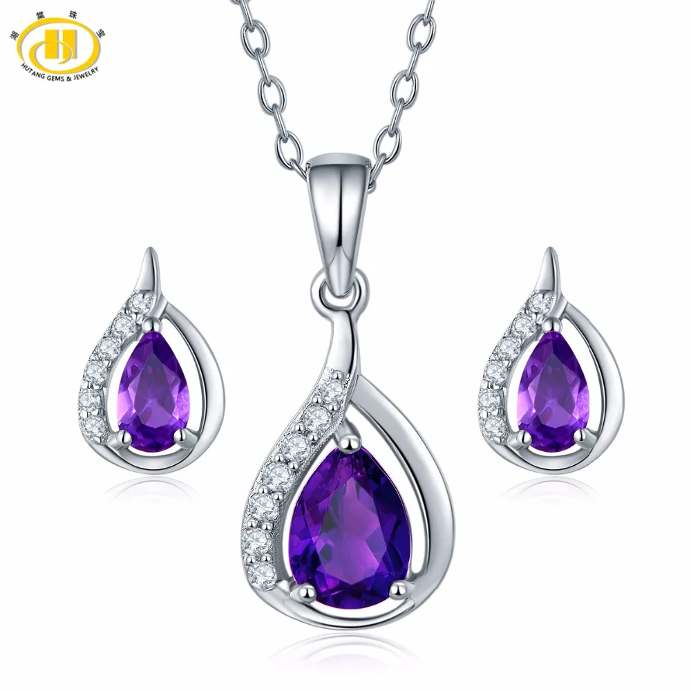 Hutang Amethyst Jewelry Sets Natural Gemstone Earrings Pendant Solid