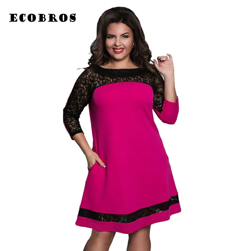 ECOBROS Big size 6XL 2018 New Fat MM Woman Lace dress Loose solid