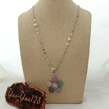 

27" White Pearl Mixed Color Cz Chain Necklace CZ Pave Flower Pendant