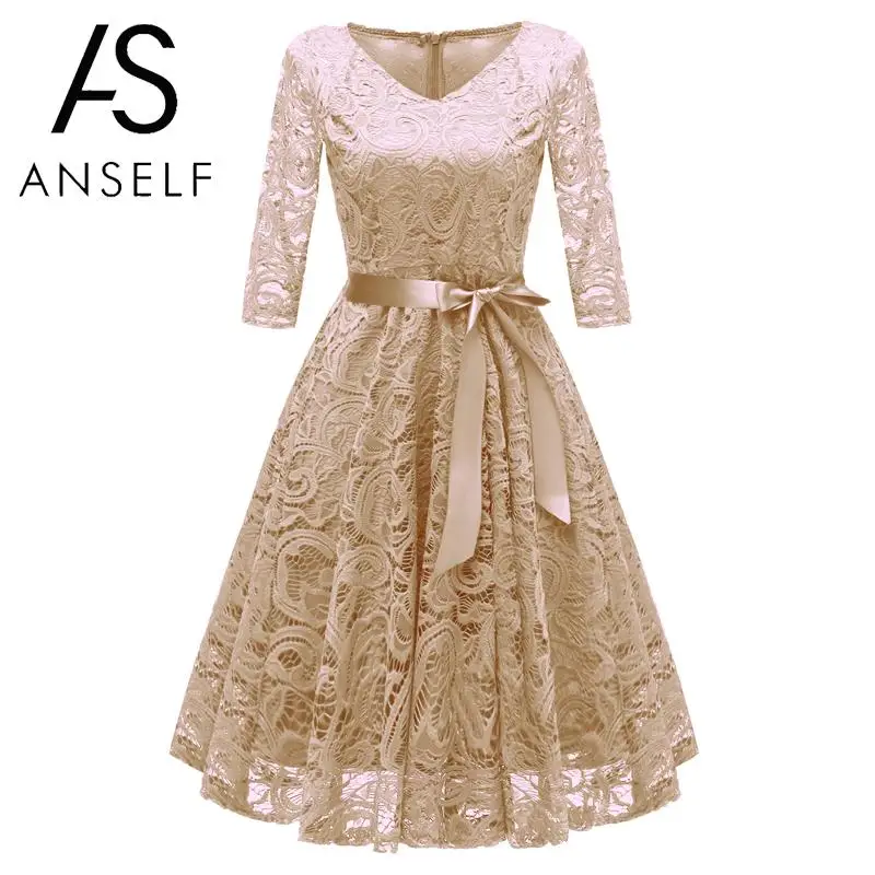 Anself, винтажное женское платье Одри Хепберн, 1950 s, вязаное крючком кружевное плиссированное платье, v-образный вырез, рукав 3/4, пояс, для вечеринки, свободное платье