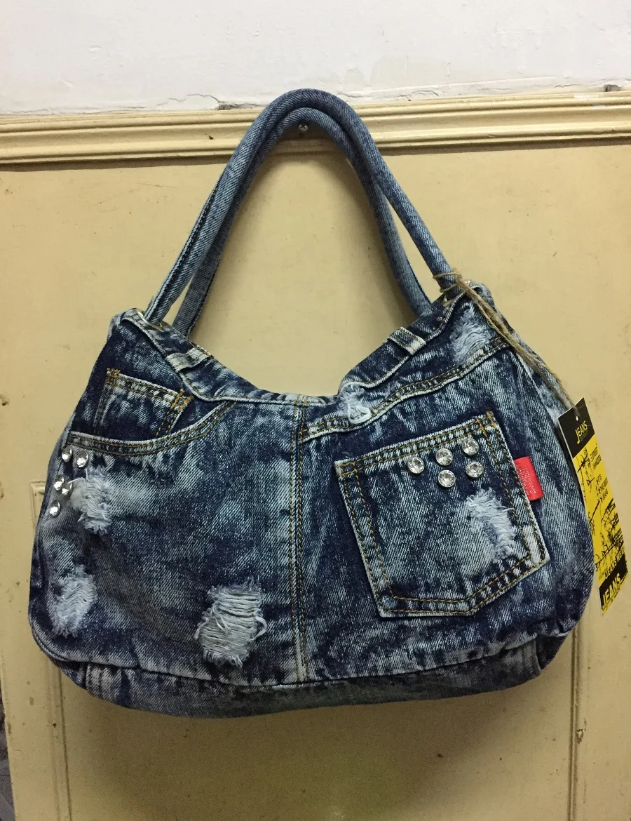 

Vintage Fashion Soft Hobos Shine Rhinestone Denim Jeans lady Handbag Evening Bag Totes Female Shoulder Messager Bag