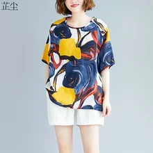 Camiseta de algodón de lino de talla grande, camiseta de manga corta con estampado de grafiti Vintage para mujer, camisetas informales holgadas de talla grande Harajuku