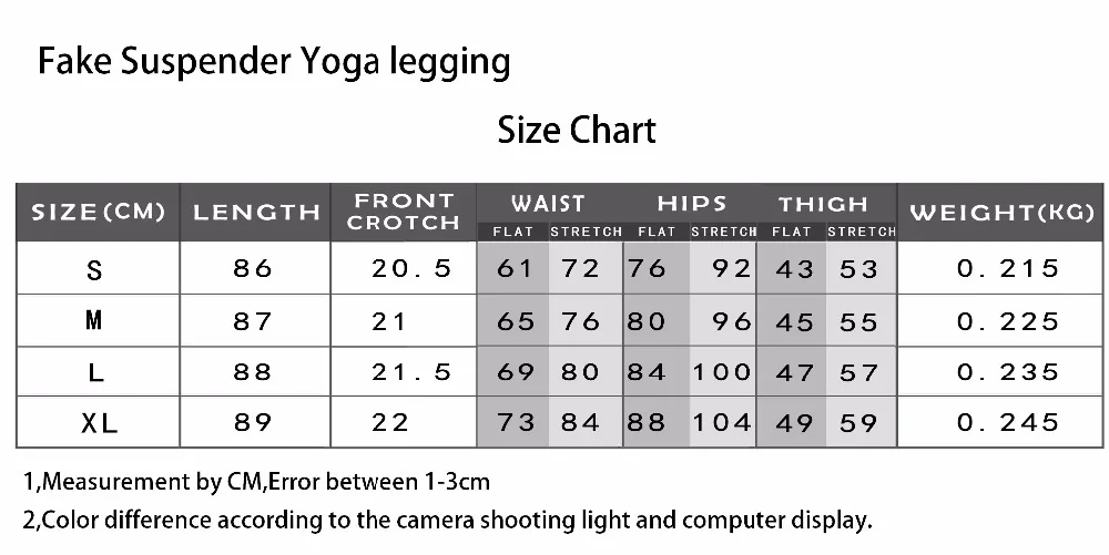 Fake Suspender yoga legging size chart