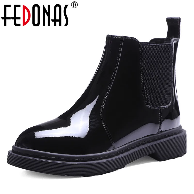 

FEDONAS Punk Women Patent Leather Ankle Boots Med Heels Autumn Winter Ladies Shoes Woman Round Toe Short Motorcycle Boots