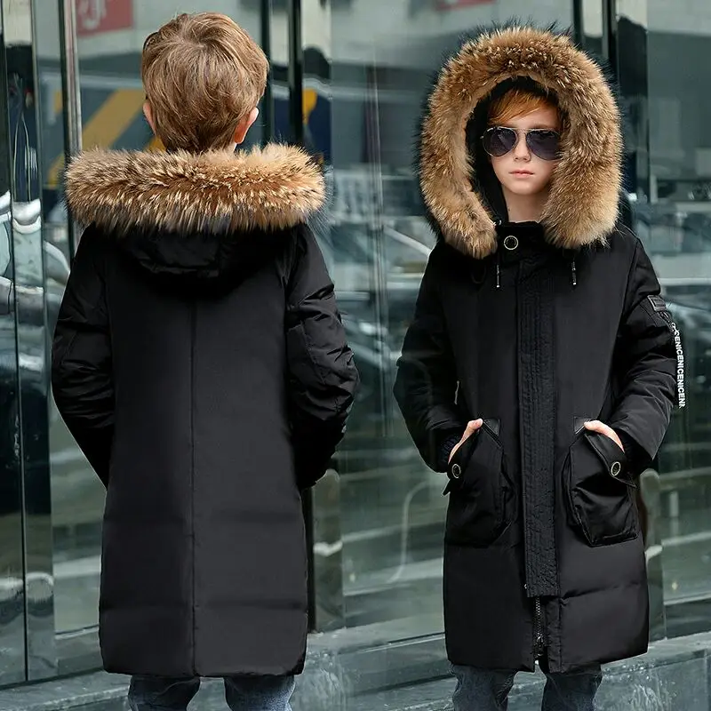 

2018 Boys Long Section Thickening Really Big Hair Collar White Duck Down Jacket