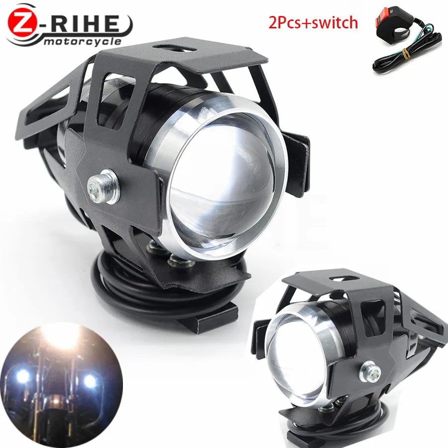 For 2pcs Motorcycle LED Headlight 125W 3000LM U5 Waterproof Driving Spot Head Lamp Fog Light Switch Motorcycle Accessories