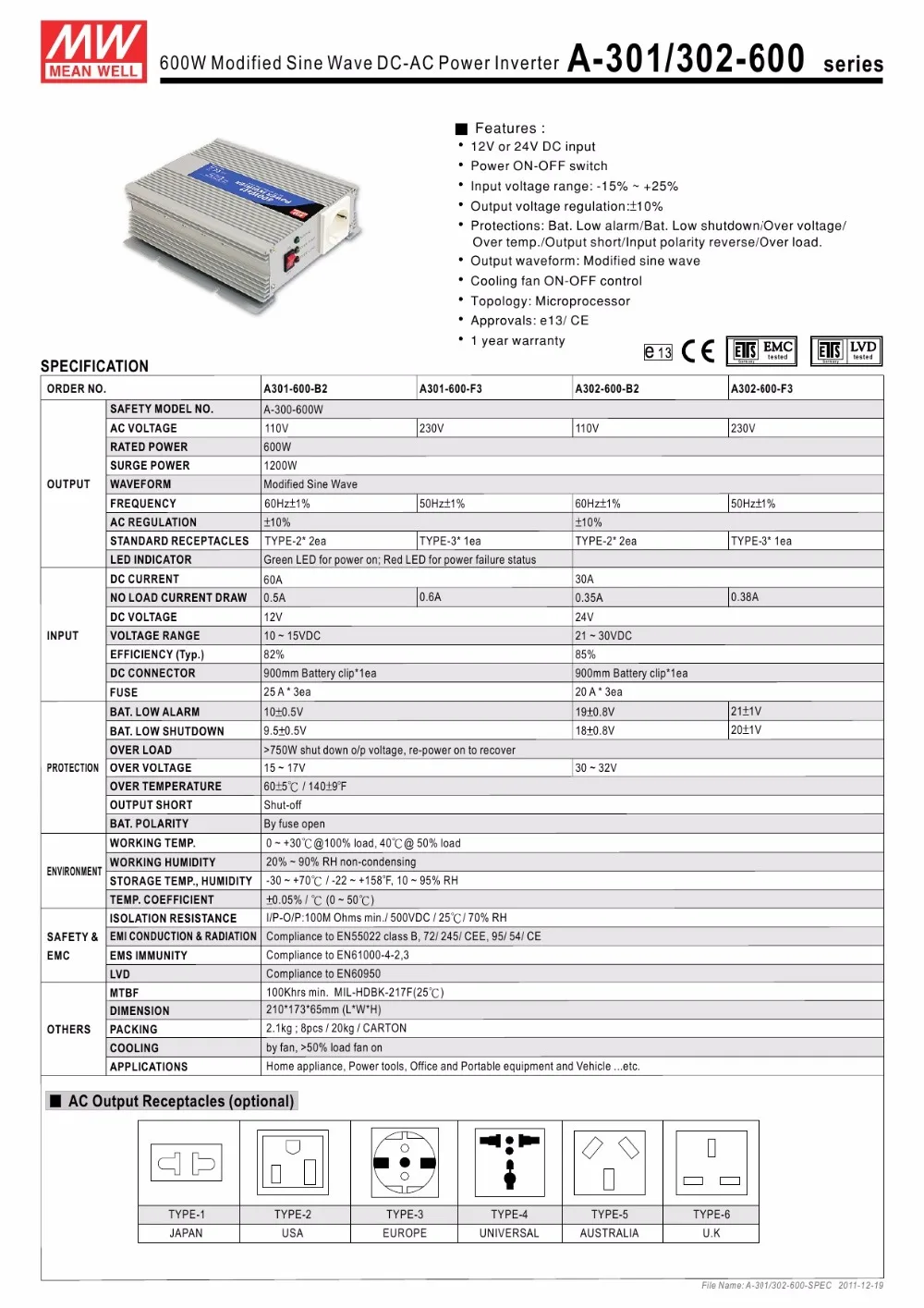 [Мощность NEX] означает хорошо a301-600-f3 230 В Meanwell a301-600 600 Вт Модифицированная синусоида dc-ac мощность инвертор