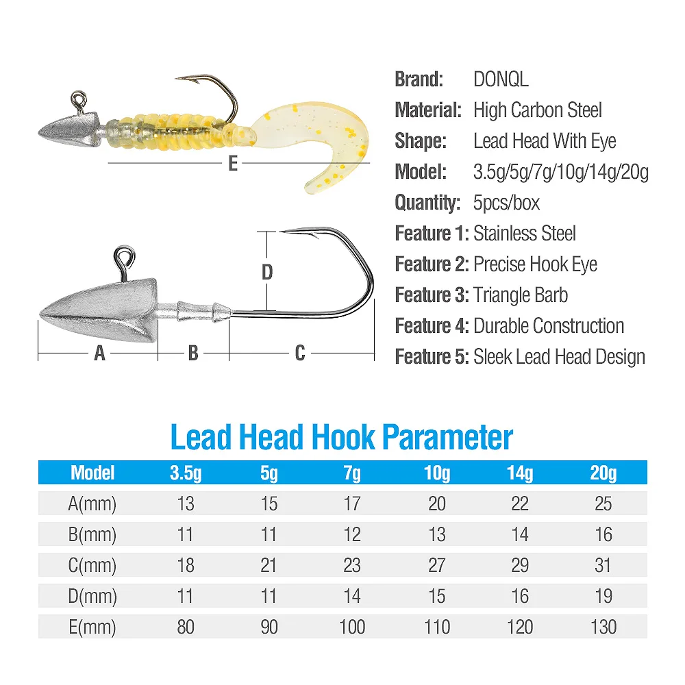 DONQL 5 шт./кор. Lead Jig Head рыболовного крючка колючий Карп удочка для Мягкая приманка в виде червей 3,5g 5g 7g 10g 14 г, 20 г, набор рыболовных крючков