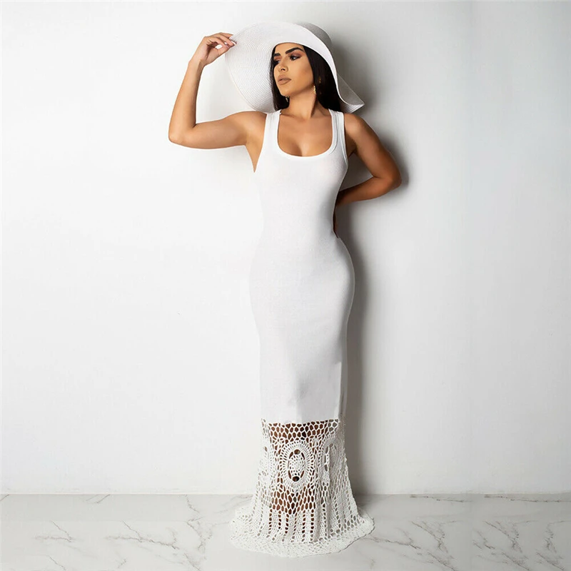 Новое изящное Новое модное женское длинное платье макси без рукавов с высокой талией, женское Бандажное длинное платье в стиле бохо, открытые вечерние платья - Цвет: Белый