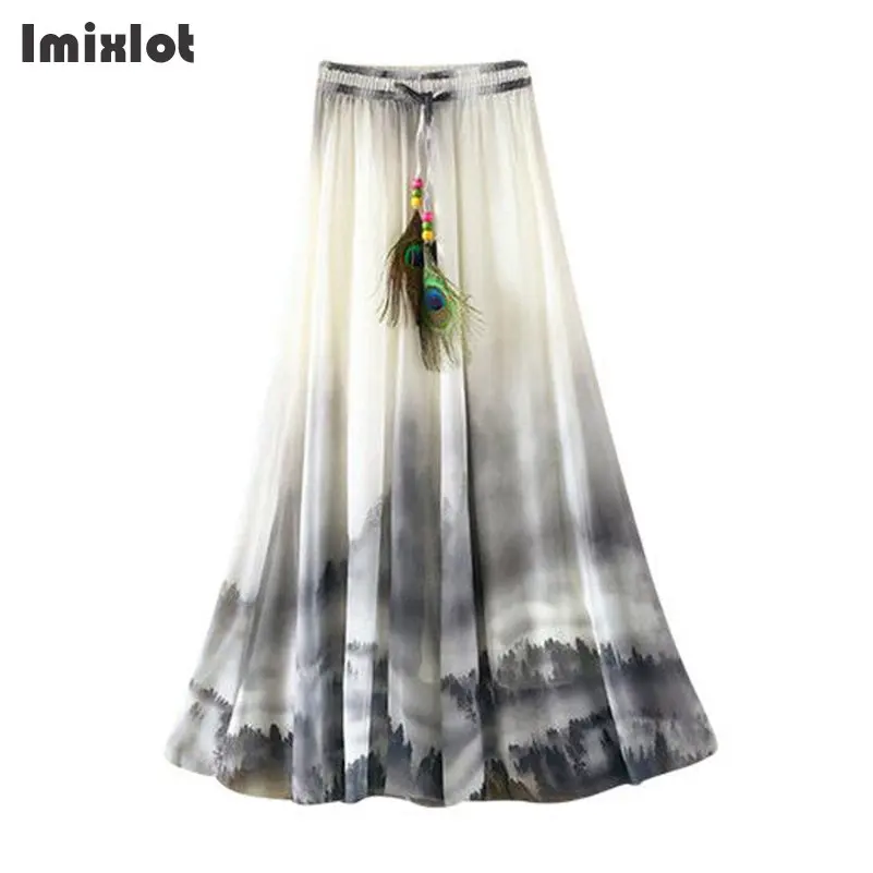 Женская шифоновая юбка Imixlot с цветочным принтом и павлином Длинная пляжная Макси