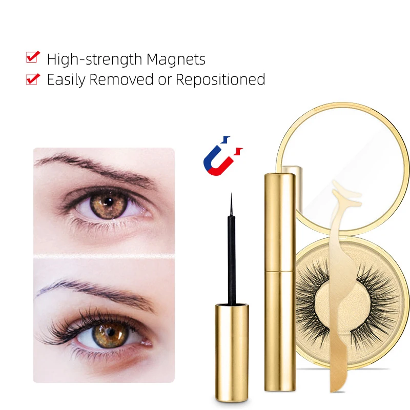 Natural Thick Magnetic Eyeliner Eyelashes Set No Glue Prevent Allergy Handmade Magnetic Fake Eyelashes With Eyelashes Applicator