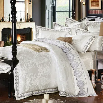

4/6 Pieces White Jacquard Silk Cotton Luxury Bedding Set King Size Queen Bed Set Lace Duvet Cover Bed Sheet Pillowcase D-107