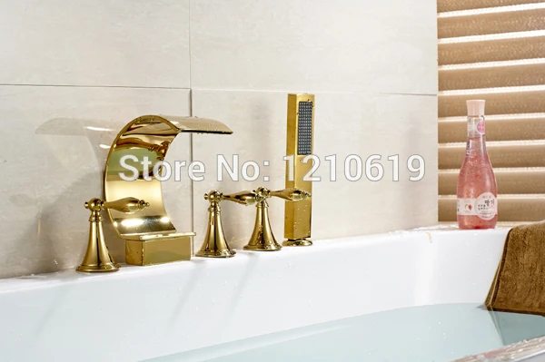 

Newly US Free Shipping 5Pcs Bathroom Tub Faucet Waterfall Mixer Tap Golden Polished Three Handles W/ Hand Shower Deck Mounted