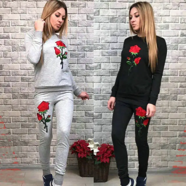 Autumn Winter Two-piece Tracksuit Jogging Suits For Women Sport Suits With Rose Flower Embroidery Running Sweat Pants Sportswear