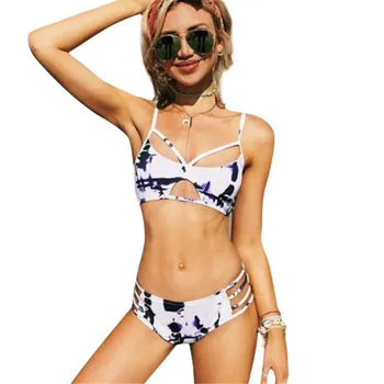 

bikini 2019 Sexy printing Hollow Gather Chest pad Thong Beach Sunbathing spa bikinis swimwear women swimsuit biquini swimwear