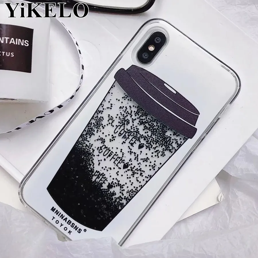 

Simple Luxury Love Heart Hard PC Black Coffee Cup Cool Dynamic Liquid Quicksand Phone Case For iPhone 6 6S 7 8 Plus X Cases