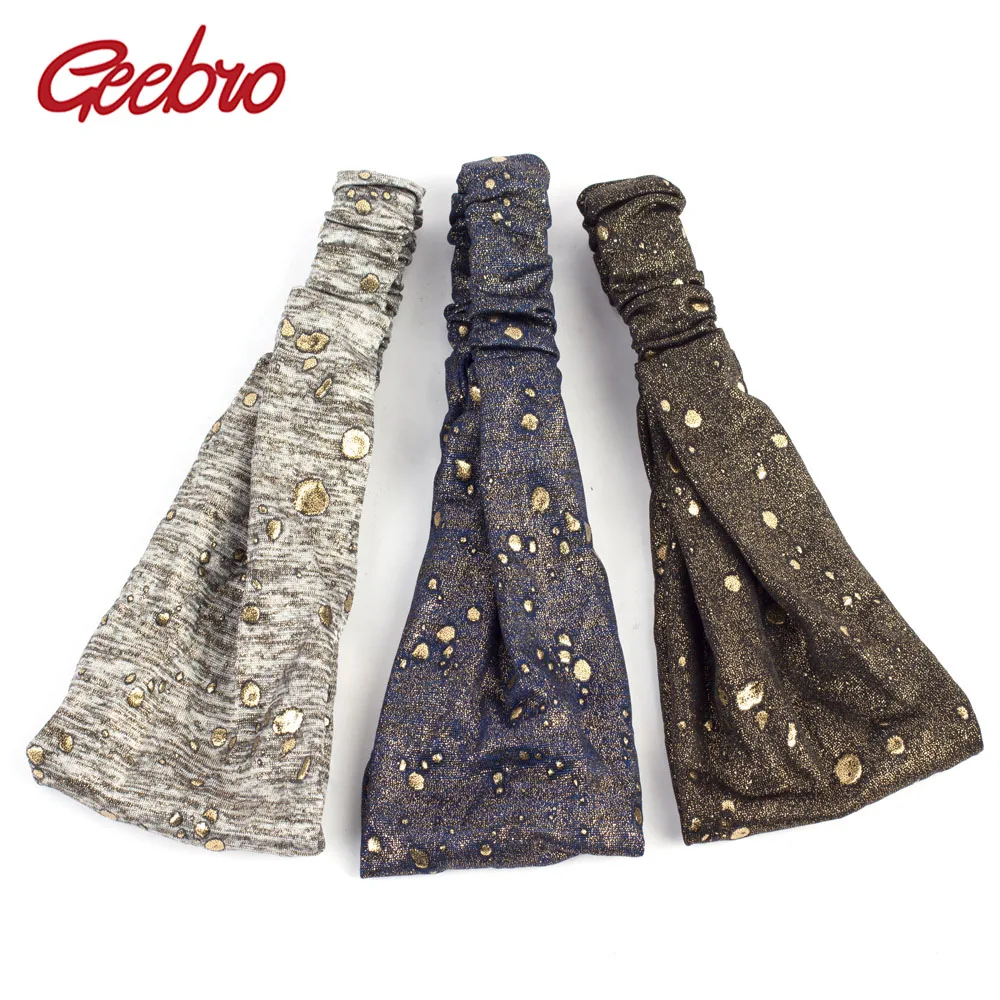

Geebro Women's Splatter Golden Paint Wide Elastic Headbands Fashion Turban Knitted Stretch Headband for Ladies Wrap Bow Hairband