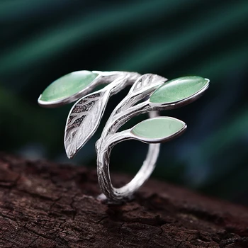 

Acecare Real 925 Sterling Silver Natural Stone Creative Handmade Designer Fine Jewelry Spring in the Air Leaves Female Rings
