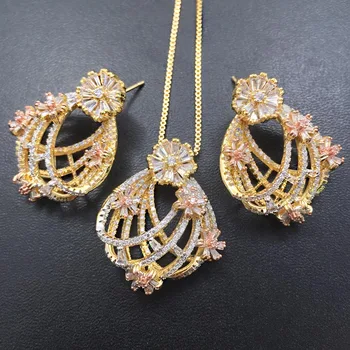 

Lanyika Jewelry Set Graceful Hollow Circle Flowers Full Zircon Micro Plated Necklace with Earrings for Wedding Bridal Best Gifts