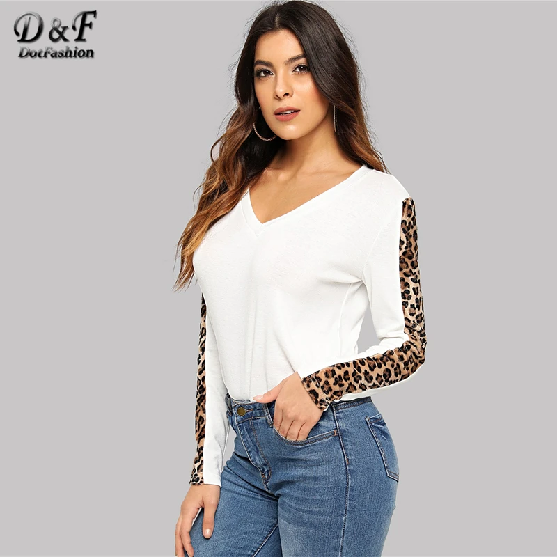 Dotfashion белая футболка с v-образным вырезом и леопардовым рукавом, футболка с длинным рукавом, Повседневная трендовая одежда для женщин, весенне-осенние модные топы